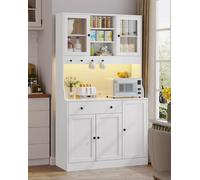 Armoire de cuisine AODEMOKO avec éclairage LED et prise électrique, meuble de rangement avec plan de travail, buffet avec tiroirs, étagères réglables, grand espace de rangement, blanc