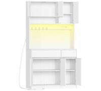 Armoire de cuisine - Armoire buffet - Armoire haute avec prises électriques - Bandes lumineuses LED - Plan de travail - Deux tiroirs - Blanc