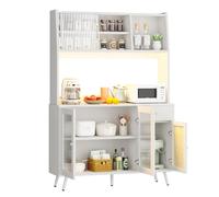 Armoire de cuisine, buffet avec éclairage LED et prise, 118 x 160 cm, meuble haut avec vitrine en verre et porte en rotin, multifonction comme armoire de cuisine, buffet ou bar de maison, pour salon
