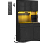 Armoire de cuisine - Buffet - Avec prises électriques - Éclairage LED - Plan de travail - 2 tiroirs - Étagères réglables - Bois - Noir