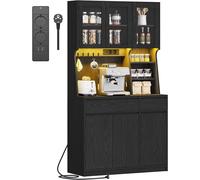 Armoire de cuisine, buffet, meuble haut avec prises et éclairage LED, équipé de plans de travail et de deux tiroirs, étagères réglables, cuisine, 40 x 100 x 180 cm, noir, modèle PT00104XEU