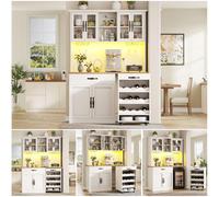 Armoire de cuisine de 140 cm avec chariot, armoire haute avec éclairage LED, armoire de rangement avec étagère à verres à vin et casier à bouteilles, buffet éclairé pour le salon et la salle à manger