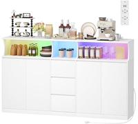 Armoire de cuisine de 180 cm de large, équipée d'une multiprise, d'un éclairage LED, meuble de rangement pour cuisine, commode de cuisine avec 4 portes, 3 tiroirs, étagère réglable, idéale pour le sal