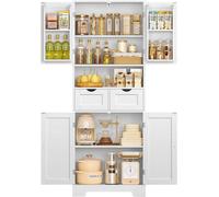 Armoire de cuisine haute, meuble multifonctionnel à 4 portes avec 2 tiroirs, étagères réglables et 2 compartiments derrière les portes, grand placard de rangement pour cuisine, salon ou salle à manger