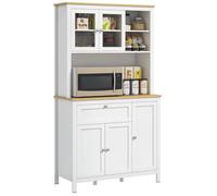HOMCOM Armoire de cuisine, buffet cuisine avec plan de travail, vaisselier large avec 3 placards, tiroir, niches, passe-câble, étagères réglables et portes vitrées, style moderne, 100x40x180 cm, blanc