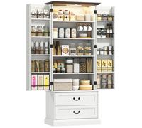 HOMCOM Buffet Haut Cuisine avec LED à capteur, Armoire de Cuisine, 2 Portes, 10 Porte-épices, 2 tiroirs et étagères réglables, Meuble de Rangement pour Salon, Salle à Manger, 76x39,5x183cm, Blanc