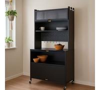 Armoire de cuisine HWC-O53, étagère de cuisine armoire plan de travail compartiments d'armoire à roulettes métal 175x80x42cm ~ noir