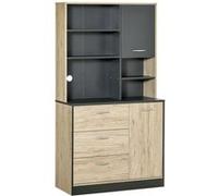 Armoire de cuisine multi-rangements 2 portes 3 tiroirs 3 étagères + grand plateau 90L x 39l x 169H cm bicolore chêne clair gris Beige G