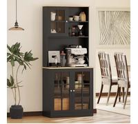 Armoire de cuisine multi-rangements 3 portes vitrine verre avec étagère 2 niches grand plateau MDF noir chêne