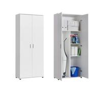 Armoire de rangement 2 portes - Armoire de bureau 3 étagères - 75x35x184 cm - Meuble de rangement - Compartiment balais - Blanc