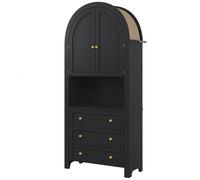 Armoire de rangement aute à arc avec 3 tiroirs, portes et nice d'exposition ouverte, pour cuisine et salon, 70x35x180 cm, Noir