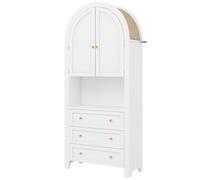 Armoire de rangement aute à arc avec 3 tiroirs, portes et nice d'exposition ouverte, pour cuisine et salon, 70x35x180 cm, Blanc