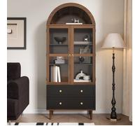 Armoire de Rangement, Buffet Haut Salon avec 2 Portes Verre Bombé et 2 Tiroirs, Meuble de Rangement Rétro Moderne, 70x38x168cm