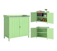 Armoire de rangement de jardin en bois Outsunny, abri de jardin, table de rempotage avec plateau galvanisé et deux étagères pour outils de jardin ou accessoires de piscine, vert