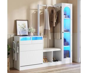 Armoire de rangement d'entrée, 6 en 1, avec vitrine, porte-manteau, banc à chaussures, armoire à chaussures, miroir pleine longueur