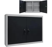 Armoire de rangement métallique à fixer au mur, dimensions 80x19x60 cm, design industriel, couleur gris et noir, avec 2 étagères et une panneau perforé. Armoire murale verrouillable, idéale pour un ga