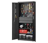 Armoire de rangement métallique, armoire de garage avec 2 portes, 2 tiroirs, 2 étagères réglables et un panneau perforé, armoire de 1,8 m de hauteur, capacité de charge de 81,5 kg, armoire polyvalente
