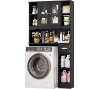 Armoire de rangement pour machine à laver, étagère pour toilettes avec portes, 7 compartiments ouverts | Meuble de rangement pour toilettes avec boîte à mouchoirs, étagère pour machine à laver placée