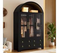 Armoire de Rangement Vintage avec 3 Portes Vitrées et 4 Tiroirs, Noir | Armoire Vitrine avec Éclairage LED, Penderie Intégrée, Design Arqué, Poignées Aluminium, Meuble de Rangement, 110x50x186 cm