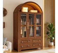 Armoire de Rangement Vintage avec 3 Portes Vitrées et 4 Tiroirs, Noyer | Armoire Vitrine avec Éclairage LED, Penderie Intégrée, Design Arqué, Poignées Aluminium, Meuble de Rangement, 110x50x186 cm