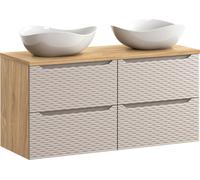 Armoire De Salle De Bain 120 Cm Avec Plan De Travail Et 2 Lavabos – Chêne Huilé / Beige 3D
