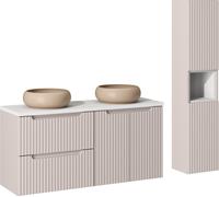 Armoire De Salle De Bain 120 Cm Avec Plan De Travail Et Deux Lavabos Beiges + Colonne