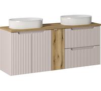Armoire De Salle De Bain 140 Cm Avec Plateau En Chêne, Cachemire, 2 Lavabos À Poser