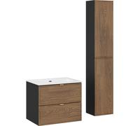 Armoire De Salle De Bain 60 Cm Avec Lavabo Et Colonne Chêne Casella Noir