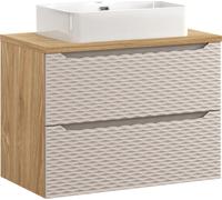 Armoire De Salle De Bain 80 Cm Avec Lavabo À Poser – Chêne Huilé + Beige Fraisé