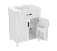 Armoire de salle de bain autoportante avec lavabo, étagères à double porte, tiroirs pratiques, étagères réglables, 60x46x84,8 cm, Blanc