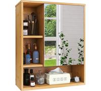 Armoire de salle de bain avec miroir, montage mural, bambou, rangement, organiseur, toilettes, armoire à pharmacie, 2 portes, étagères
