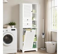 Armoire de salle de bain BEALIFE, 60x37x170 cm, avec portes à persiennes, panier à linge et étagères réglables. Sécurité anti-basculement, fermeture magnétique pour salle de bain et buanderie. Blanc.