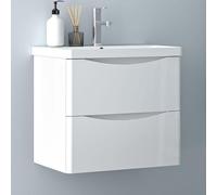 Armoire de salle de bain blanche brillante, 60 cm, avec vasque en résine minérale et meuble sous-vasque. Ensemble de meubles de salle de bain avec 2 tiroirs à fermeture douce. À suspendre
