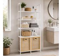 Armoire de salle de bain en bambou HWC-N83, meuble de rangement pour salle de bain, avec 2 paniers à linge et 4 étagères, dimensions : 168x81x33 cm, couleur : naturel/blanc, panier de couleur naturell