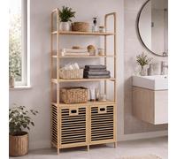 Armoire de salle de bain en bambou HWC-N83, meuble de rangement pour salle de bain, avec 2 paniers à linge et 4 étagères, dimensions : 168x81x33 cm, couleur : naturel, paniers : anthracite