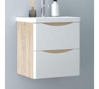 Armoire de salle de bain en chêne blanc, 50 cm, avec vasque en résine minérale et meuble sous-vasque. Ensemble de meubles de salle de bain avec 2 tiroirs à fermeture douce. À suspendre