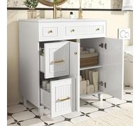 Armoire de salle de bain Fortuna Lai avec lavabo 81,7 cm - Armoire de salle de bain sur pied avec lavabo en céramique, surface laquée, espace de rangement multifonctionnel et pieds en bois massif dans
