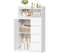 Armoire de salle de bain, meuble de salle de bain avec 4 tiroirs, 1 porte, étagère réglable en 5 niveaux, commode pour salle de bain, salon, cuisine, 110 x 60 x 30 cm, blanc, SBC014W
