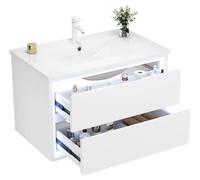 Armoire de salle de bain - Meuble sous vasque mural - 76 x 46 x 48,5 cm - Blanc - Lavabo en céramique - MDF - 2 tiroirs - Glissières de tiroir silencieuses