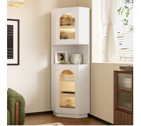 Armoire de salle de bains avec bandeau lumineux, meuble d'angle, 2 portes vitrées, étagères ouverte, avec tablettes réglables, blanc