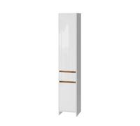 Armoire de salle de bains Detmold, 35x190cm avec 2 portes et un tiroir, Blanc Haute brillance/Chêne de force doré, Vicco 49530