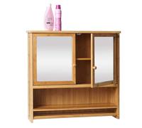 Armoire De Toilette Hwc-B18, Armoire De Toilette Suspendue, 3 Étagères 2 Portes Miroir Bambou 62x66x15cm Multicolore