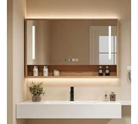 Armoire de Toilette LED avec Miroir, Anti-Buée et Rangement Mural Bois | Affichage de L'heure, Touches Tactiles et Compartiments Spacieux, Pratique pour La Salle de Bain(80x12x65cm/31.4x4.7x25.5'')