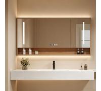 Armoire de Toilette LED avec Miroir, Anti-Buée et Rangement Mural Bois | Affichage de L'heure, Touches Tactiles et Compartiments Spacieux, Pratique pour La Salle de Bain(100x12x65cm/39.3x4.7x25.5'')