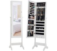 Armoire debout pour bijoux, commode avec miroir intégré et angle réglable, étagère à bijoux avec 2 tiroirs, support triangulaire, armoire à bijoux avec miroir et fermeture n bois (blanc)