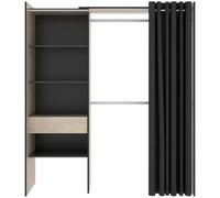 Armoire dressing extensible avec rideau + 1 tiroir coloris naturel-graphite - Longueur 110-160 x Hauteur 203 x Profondeur 50 cm