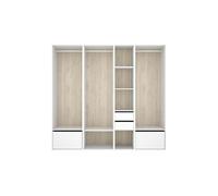 Armoire dressing ouverte avec fond arrière réversible, 3 penderies avec 3 tringles,2 tiroirs et 2 portes chaussures, coloris blanc/naturel - Hauteur