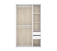 Armoire dressing ouverte avec fond réversible, penderie avec 2 tringles,2 tiroirs et 4 étagères, coloris blanc/naturel