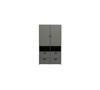 Armoire en pin massif gris, 2 portes, 4 tiroirs, 2 compartiments ouverts, poignées en cuir marron - VT wonen, Stage - 103x40x185 cm