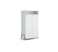 AT4 - Armoire enfant 2 portes en bois PIRATE Blanc et Hêtre 100 x 50 x 176 cm| 1 penderie et 6 étagères dont 4 réglables